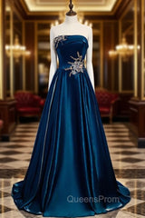 Blue Satin Strapless Beading Appliques Evening Prom Dress