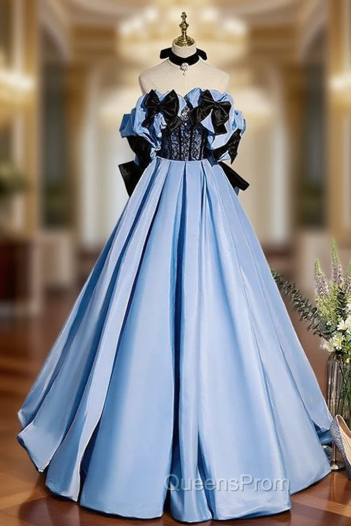 Blue Satin Strapless Bow Evening Prom Dress Main image