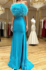 Blue Satin Strapless Feather Split Evening Prom Dress