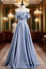 Blue Satin Strapless Pearls Long Evening Prom Dress