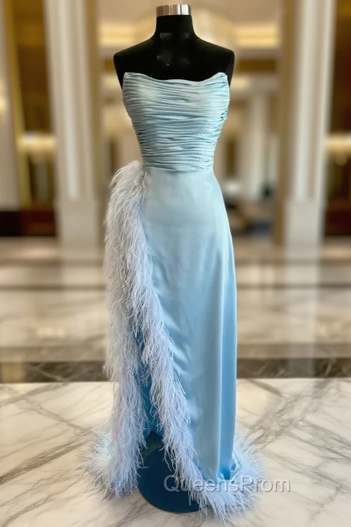 Blue Satin Strapless Pleats Feather Evening Prom Dress