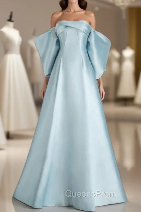 Blue Satin Strapless Pleats Evening Prom Dress