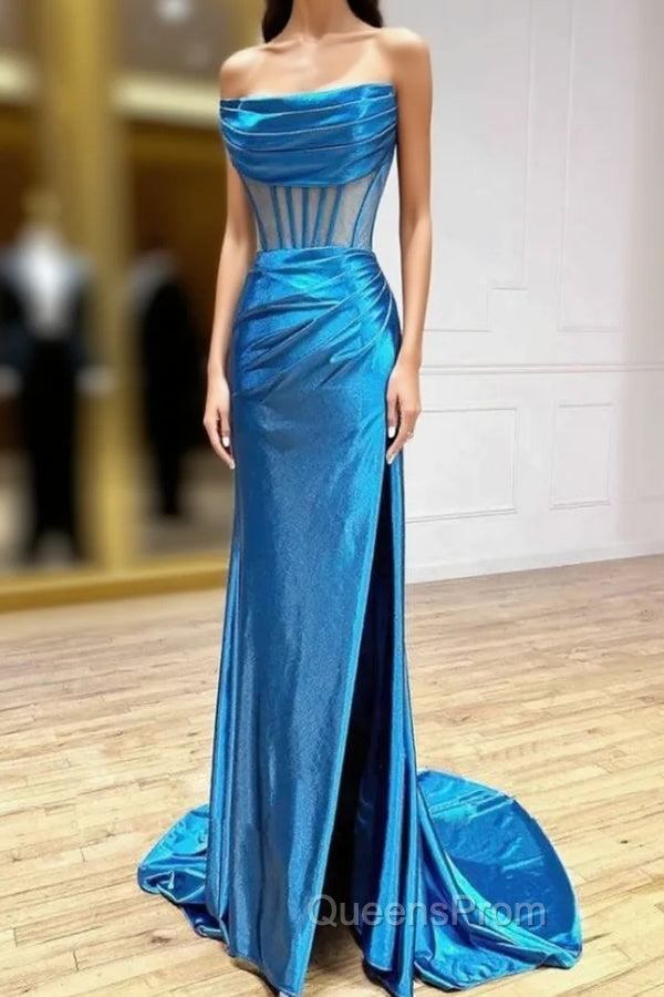 Blue Satin Strapless Pleats Split Evening Prom Dress