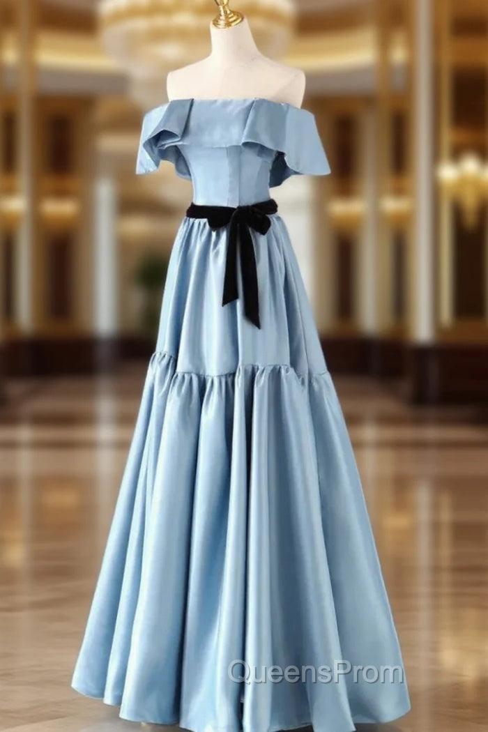 Blue Satin Strapless Evening Prom Dress With Belt