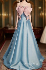 Blue Satin Strapless Evening Prom Dress With Pink Bow