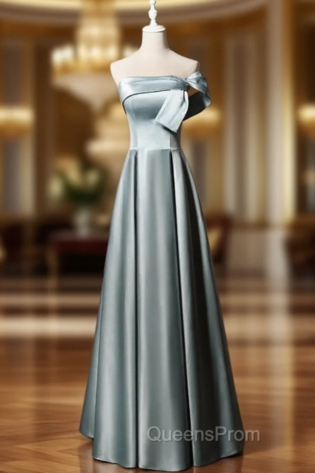 Blue Satin Strapless Evening Prom Dress