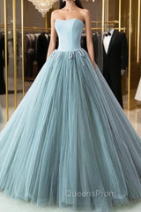 Blue Satin Tulle Strapless Beading Evening Prom Dress