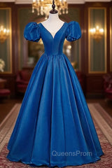 Blue Satin V-neck Puff Sleeve Backless Evening Prom Dress