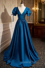 Blue Satin V-neck Short Sleeve Pleats Evening Prom Dress