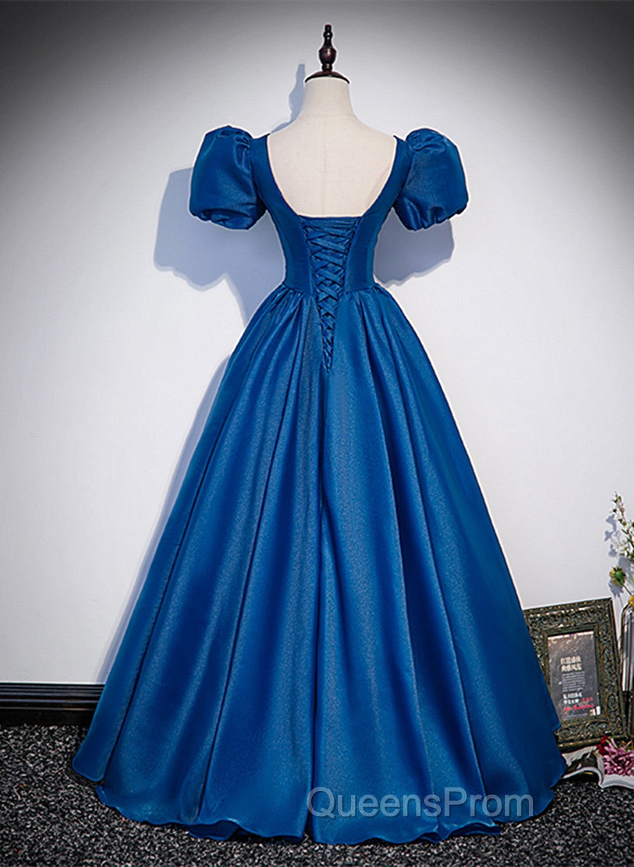 Blue Satin V-Neckline Short Sleeves Long Formal Dress, Blue Satin Evening Prom Dress Secondary image