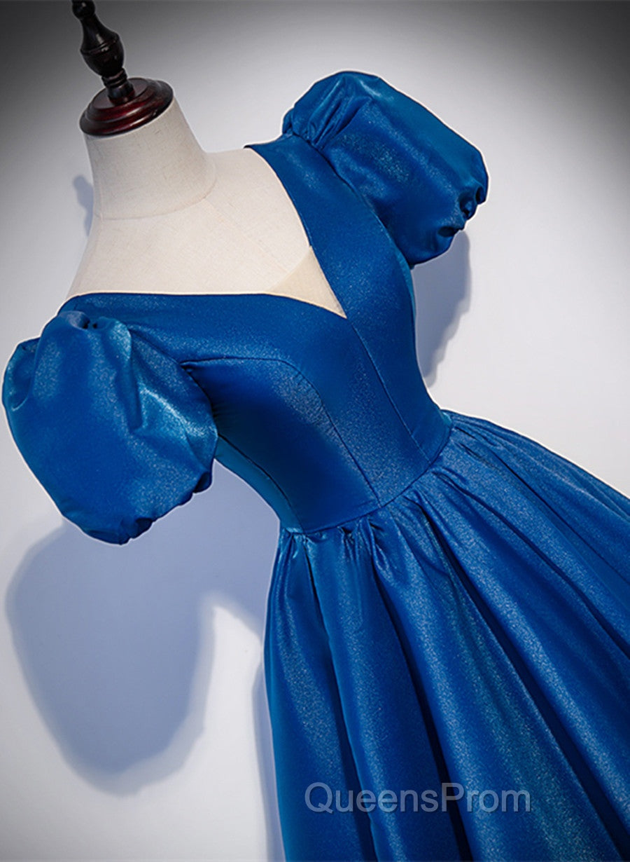 Blue Satin V-Neckline Short Sleeves Long Formal Dress, Blue Satin Evening Prom Dress