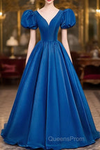 Blue Satin V-Neckline Short Sleeves Long Formal Dress, Blue Satin Evening Prom Dress