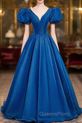 Blue Satin V-Neckline Short Sleeves Long Formal Dress, Blue Satin Evening Prom Dress