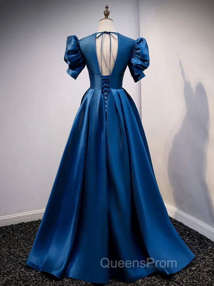 Blue Satin V-neckline Short Sleeves Party Dress Blue A-line Evening Dress Evening Prom Dress shops Secondary image