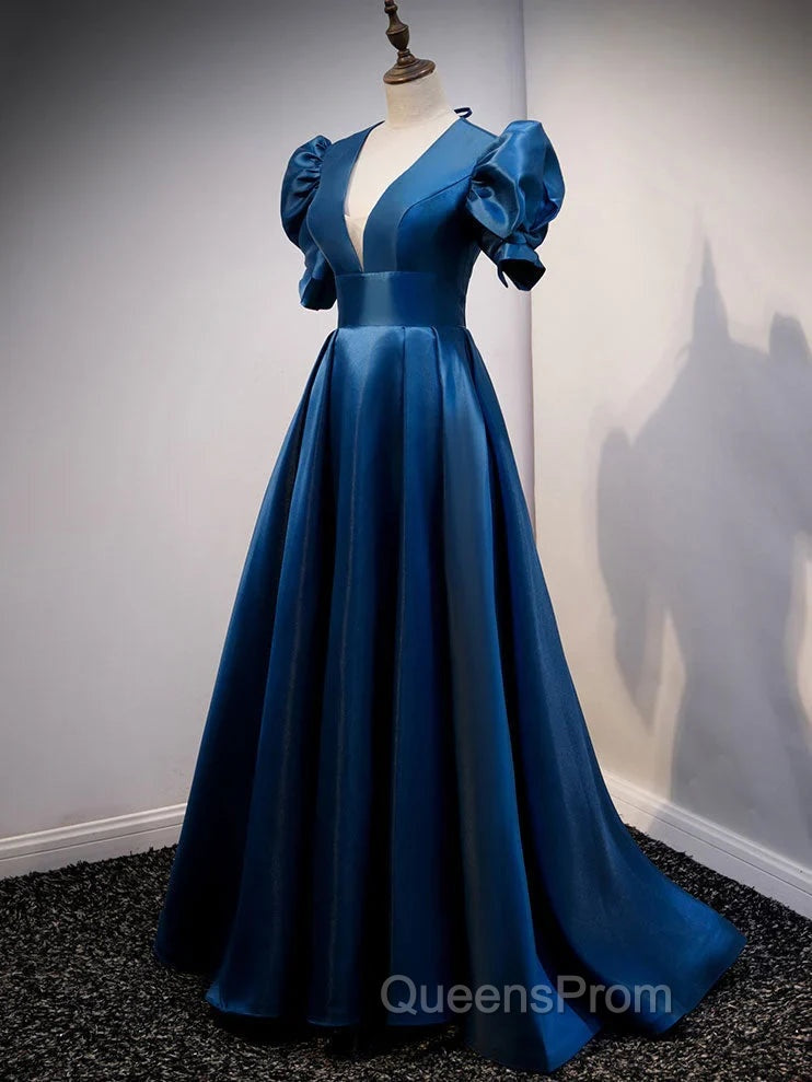 Blue Satin V-neckline Short Sleeves Party Dress Blue A-line Evening Dress Evening Prom Dress shops