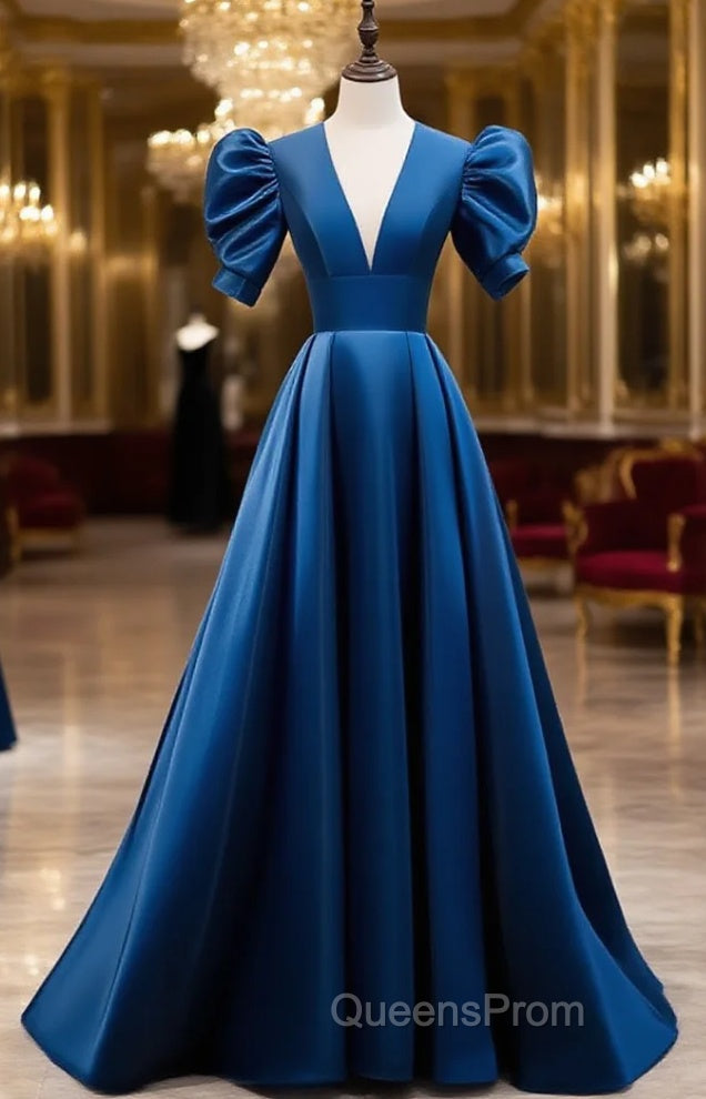 Blue Satin V-neckline Short Sleeves Party Dress Blue A-line Evening Dress Evening Prom Dress shops