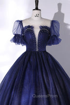 Blue Scoop Neckline Tulle Long Evening Prom Dress, A-Line Short Sleeve Evening Gown