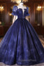 Blue Scoop Neckline Tulle Long Evening Prom Dress, A-Line Short Sleeve Evening Gown