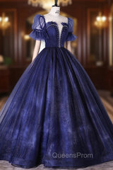 Blue Scoop Neckline Tulle Long Evening Prom Dress, A-Line Short Sleeve Evening Gown