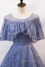 Blue Scoop Neckline Tulle Long Evening Prom Dress, Shiny A-Line Evening Dress