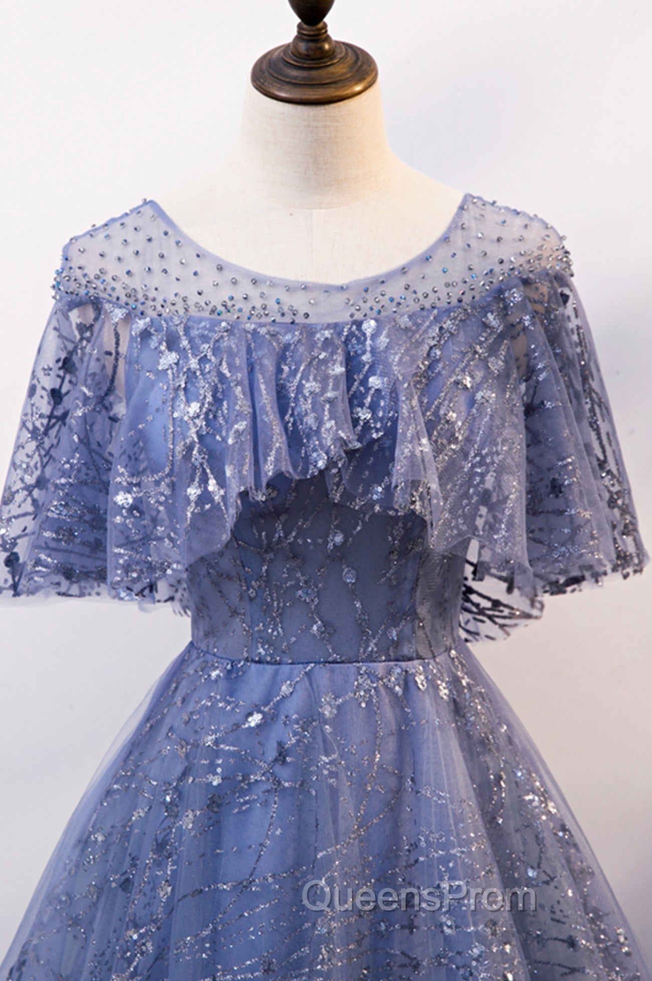 Blue Scoop Neckline Tulle Long Evening Prom Dress, Shiny A-Line Evening Dress