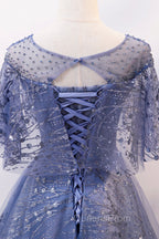 Blue Scoop Neckline Tulle Long Evening Prom Dress, Shiny A-Line Evening Dress