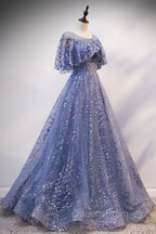 Blue Scoop Neckline Tulle Long Evening Prom Dress, Shiny A-Line Evening Dress