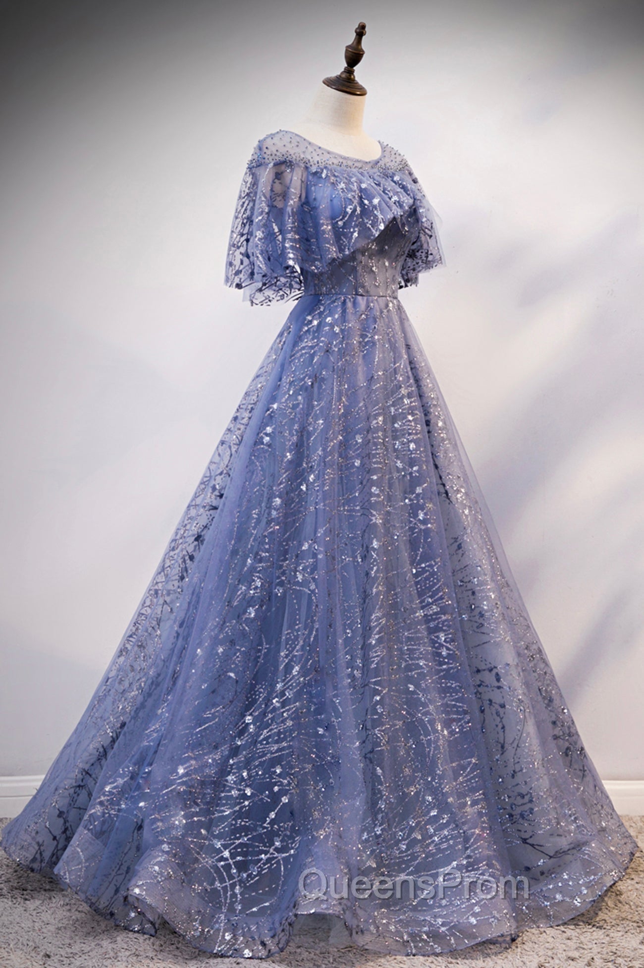 Blue Scoop Neckline Tulle Long Evening Prom Dress, Shiny A-Line Evening Dress