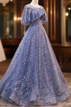 Blue Scoop Neckline Tulle Long Evening Prom Dress, Shiny A-Line Evening Dress