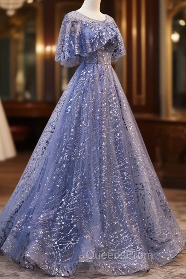 Blue Scoop Neckline Tulle Long Evening Prom Dress, Shiny A-Line Evening Dress
