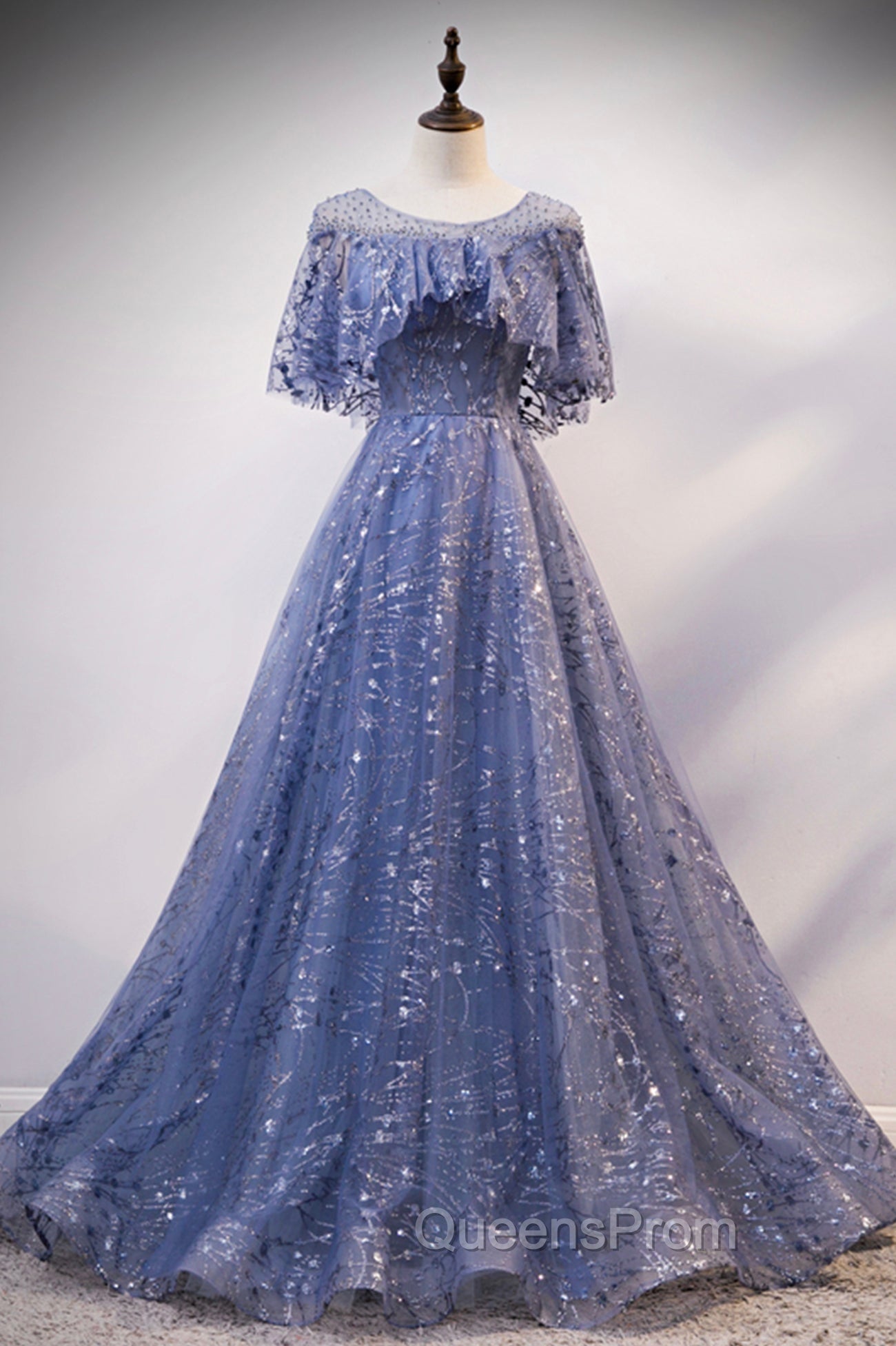 Blue Scoop Neckline Tulle Long Evening Prom Dress, Shiny A-Line Evening Dress Main image