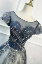 Blue Scoop Neckline Tulle Long Evening Prom Dress with Beaded, A-Line Evening Party Dress