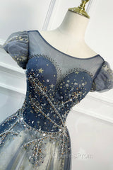 Blue Scoop Neckline Tulle Long Evening Prom Dress with Beaded, A-Line Evening Party Dress