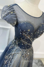 Blue Scoop Neckline Tulle Long Evening Prom Dress with Beaded, A-Line Evening Party Dress