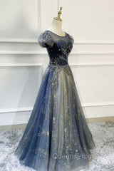 Blue Scoop Neckline Tulle Long Evening Prom Dress with Beaded, A-Line Evening Party Dress