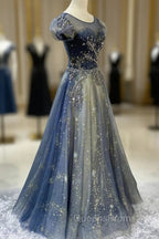 Blue Scoop Neckline Tulle Long Evening Prom Dress with Beaded, A-Line Evening Party Dress
