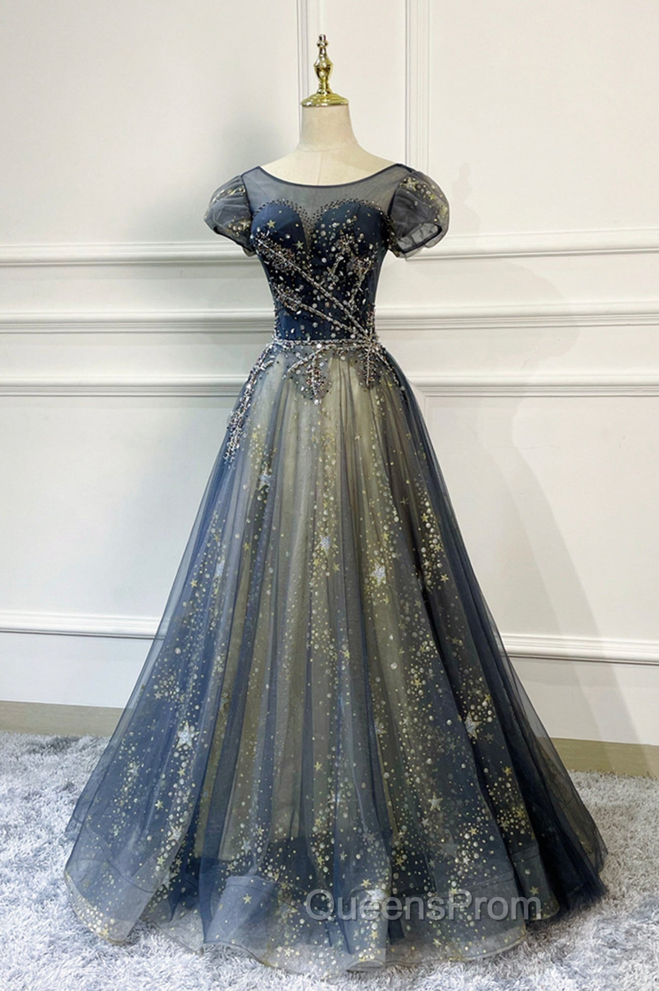 Blue Scoop Neckline Tulle Long Evening Prom Dress with Beaded, A-Line Evening Party Dress