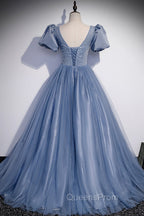 Blue Scoop Tulle Long Evening Prom Dress, A-Line Short Sleeve Evening Dress