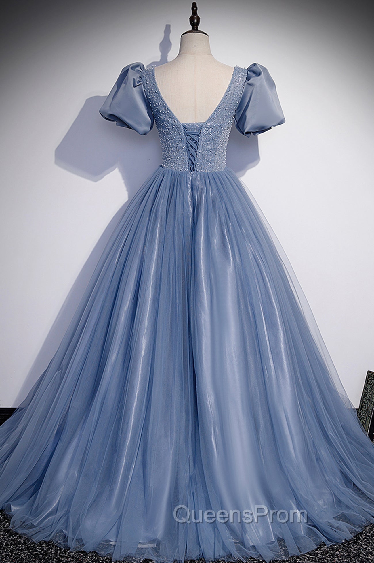 Blue Scoop Tulle Long Evening Prom Dress, A-Line Short Sleeve Evening Dress