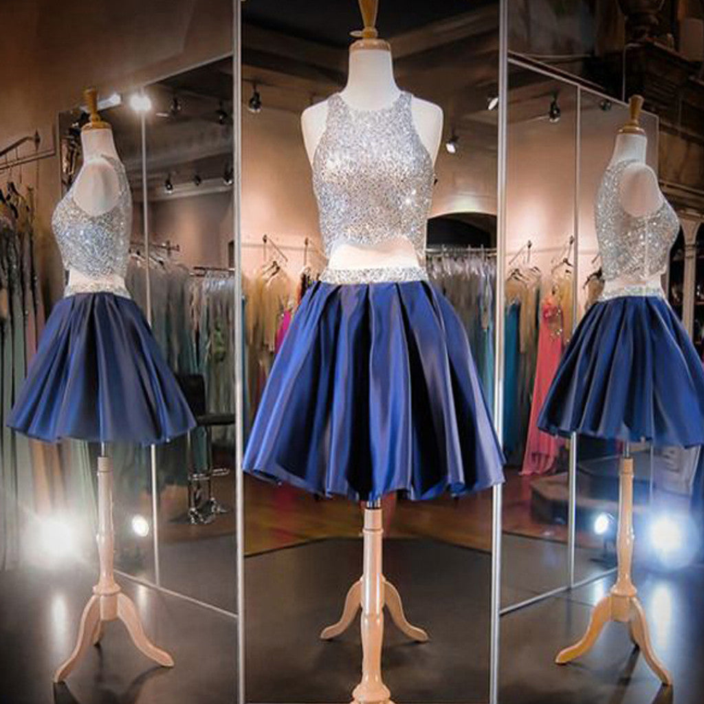 Blue sequin two pieces sparkly off shoulder sexy homecoming Classy Prom Dress