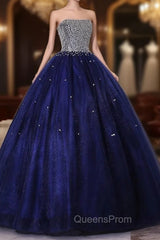 Blue Sequins and Beaded Ball Gown Tulle Lace-up Evening Dress,Blue Evening Dress Party Dress