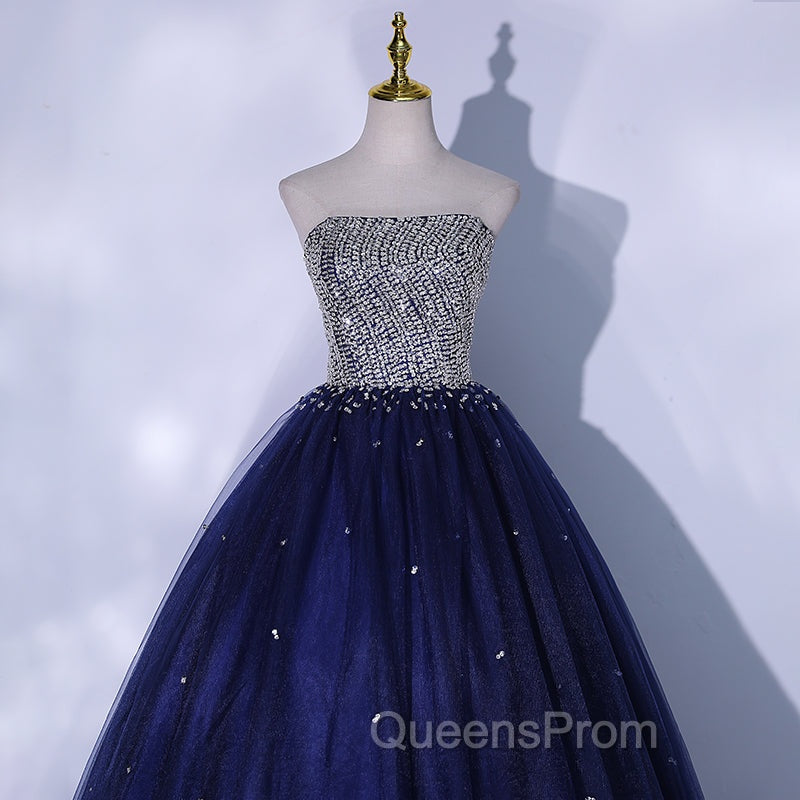 Blue Sequins and Beaded Ball Gown Tulle Lace-up Evening Dress,Blue Evening Dress Party Dress