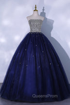 Blue Sequins and Beaded Ball Gown Tulle Lace-up Evening Dress,Blue Evening Dress Party Dress