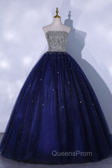 Blue Sequins and Beaded Ball Gown Tulle Lace-up Evening Dress,Blue Evening Dress Party Dress