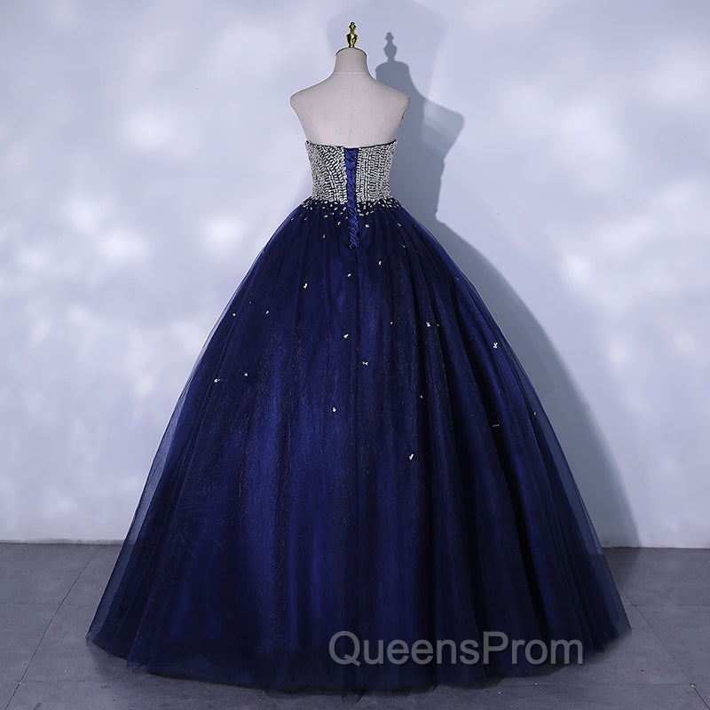 Blue Sequins and Beaded Ball Gown Tulle Lace-up Evening Dress,Blue Evening Dress Party Dress
