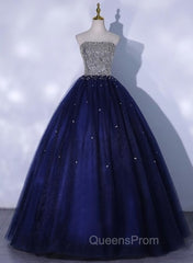 Blue Sequins and Beaded Ball Gown Tulle Lace-up Evening Dress,Blue Evening Dress Party Dress
