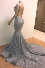 Blue Sequins Backless Long Mermaid Crystal Beaded Evening Prom Dress