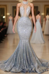 Blue Sequins Backless Long Mermaid Crystal Beaded Evening Prom Dress