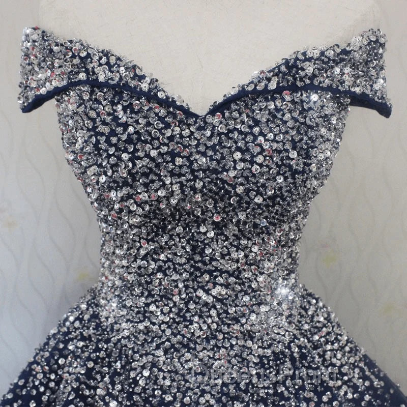 Blue Sequins Ball Gown Off Shoulder Party Dress Blue Sweet 16 Gown Evening Prom Dress shops