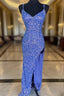 Blue Sequins Criss Cross Back Evening Prom Dress